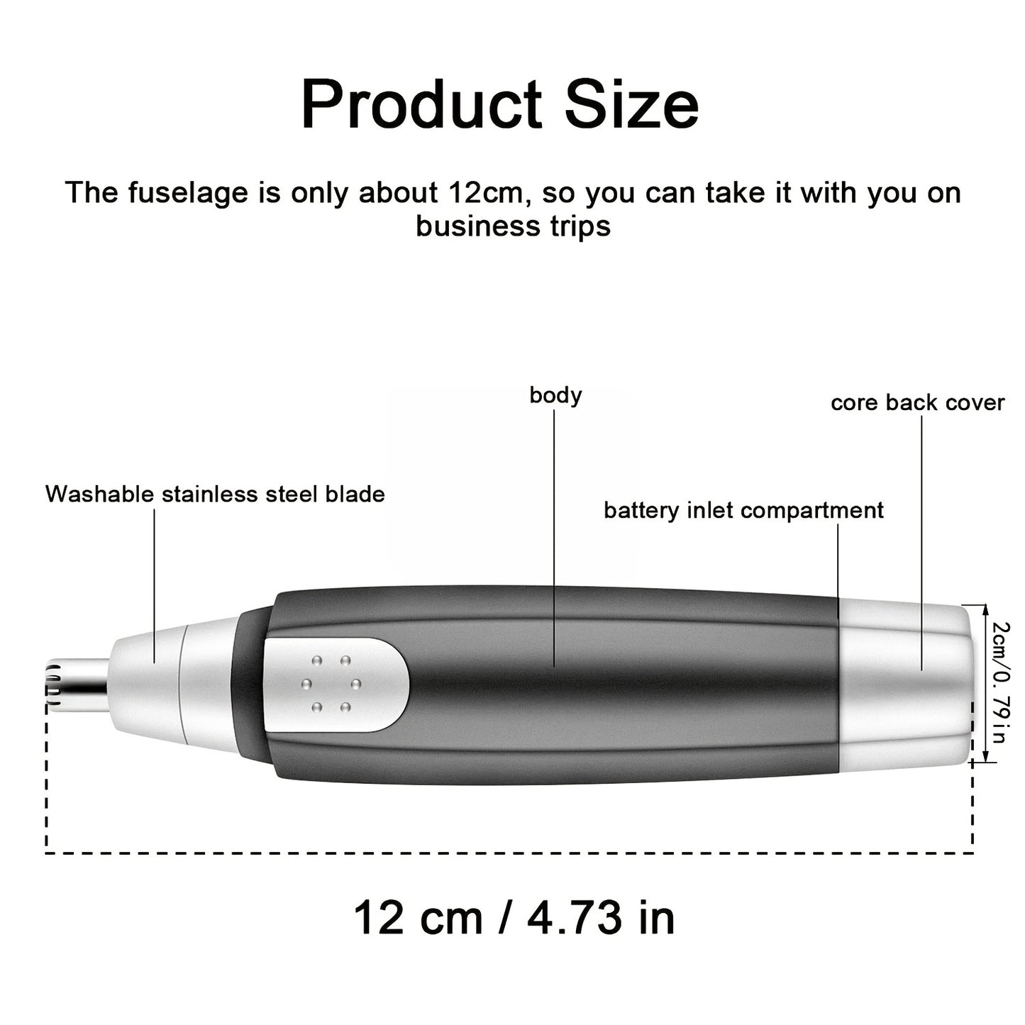 Cordless electric trimmer for men and women for nose, ears, neck, eyebrows, and hair.