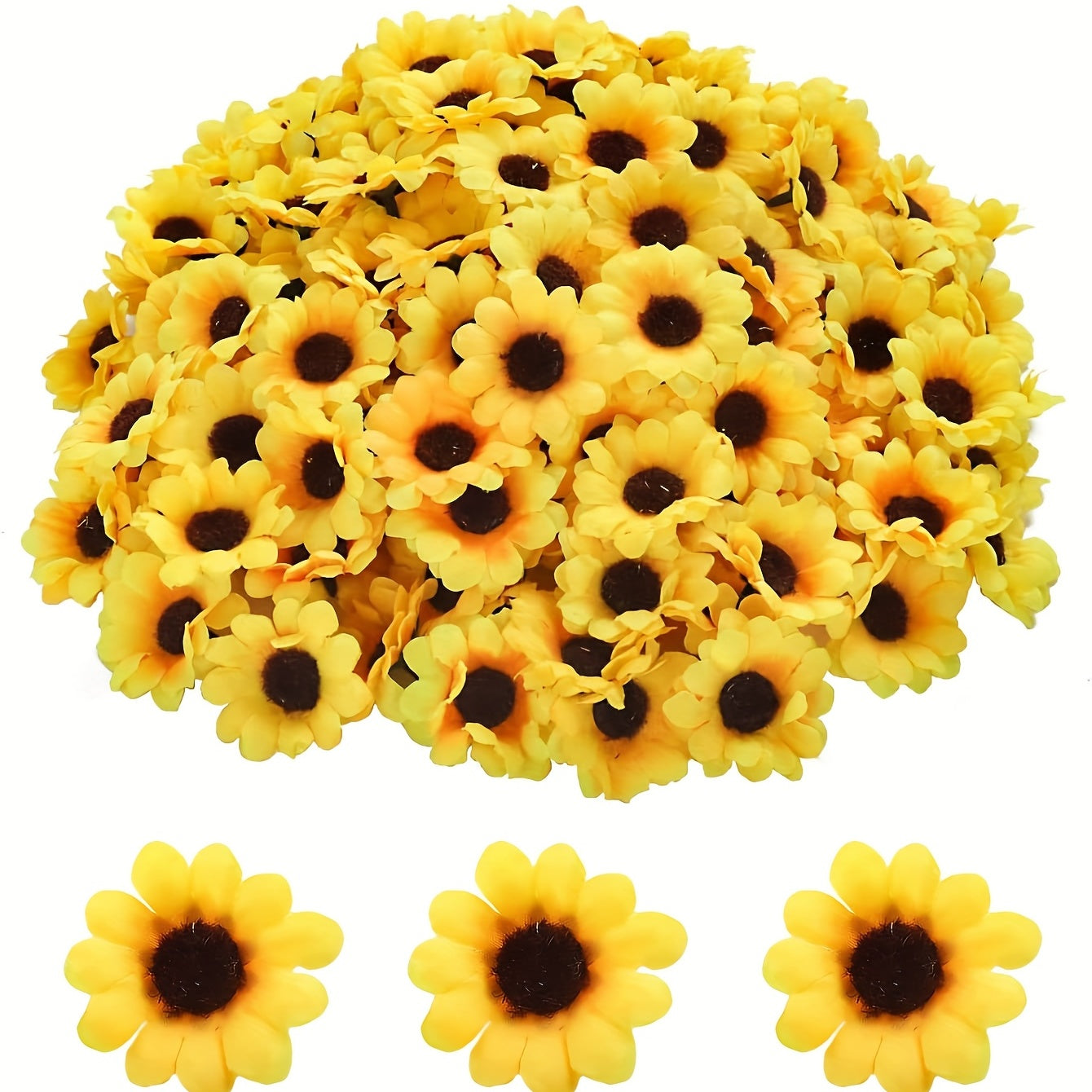 Polyester artificial mini sunflowers for crafts and home decor, perfect for weddings and special occasions. No electricity or battery needed. Ideal for Lei Day holiday.