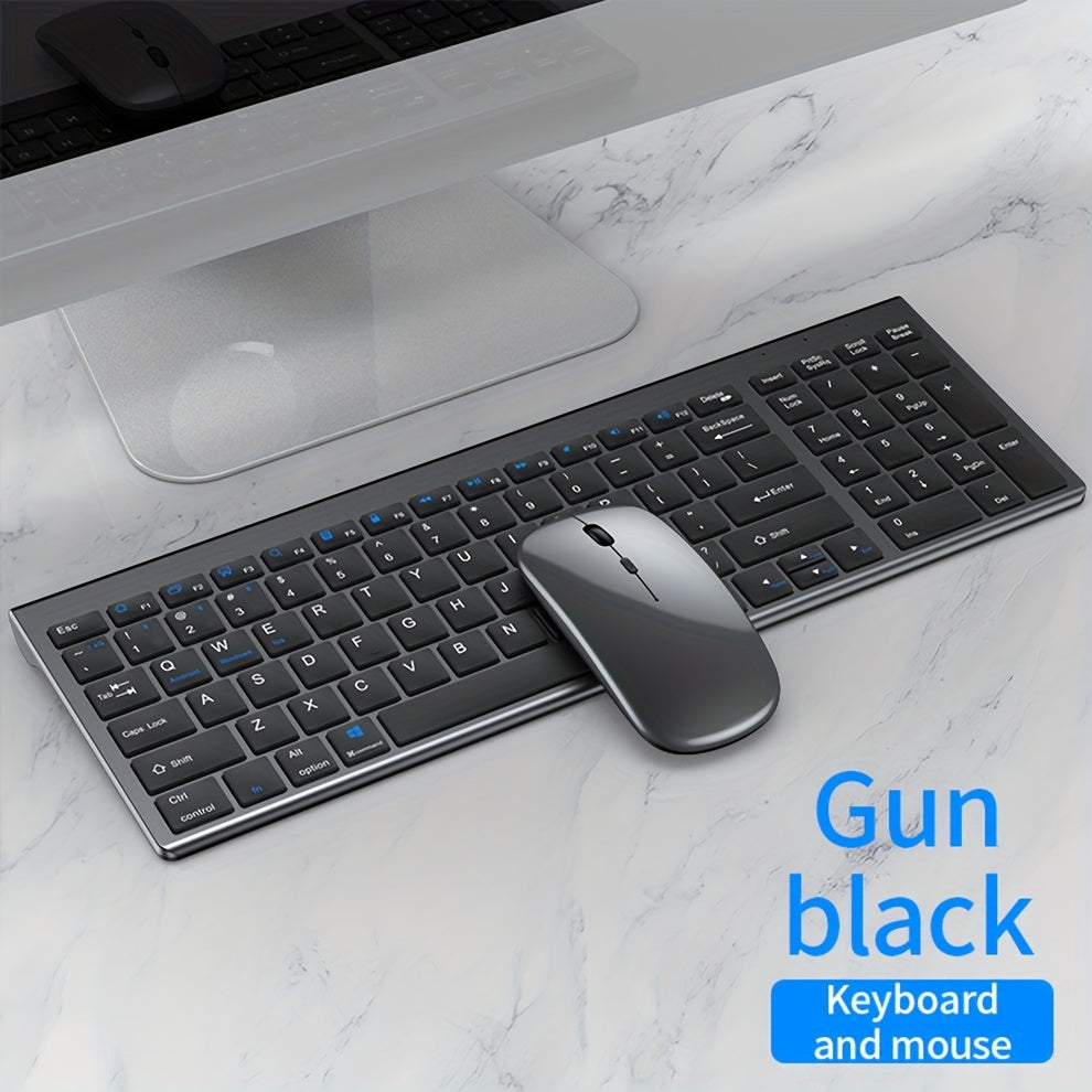 Rechargeable full-size wireless keyboard and mouse combo for multiple devices.