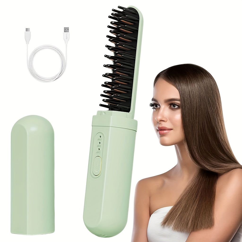 Portable wireless hair straightening brush with USB rechargeable lithium battery, anti-scald technology, wet/dry use, and negative ion feature - perfect for home, travel, and outdoor use.