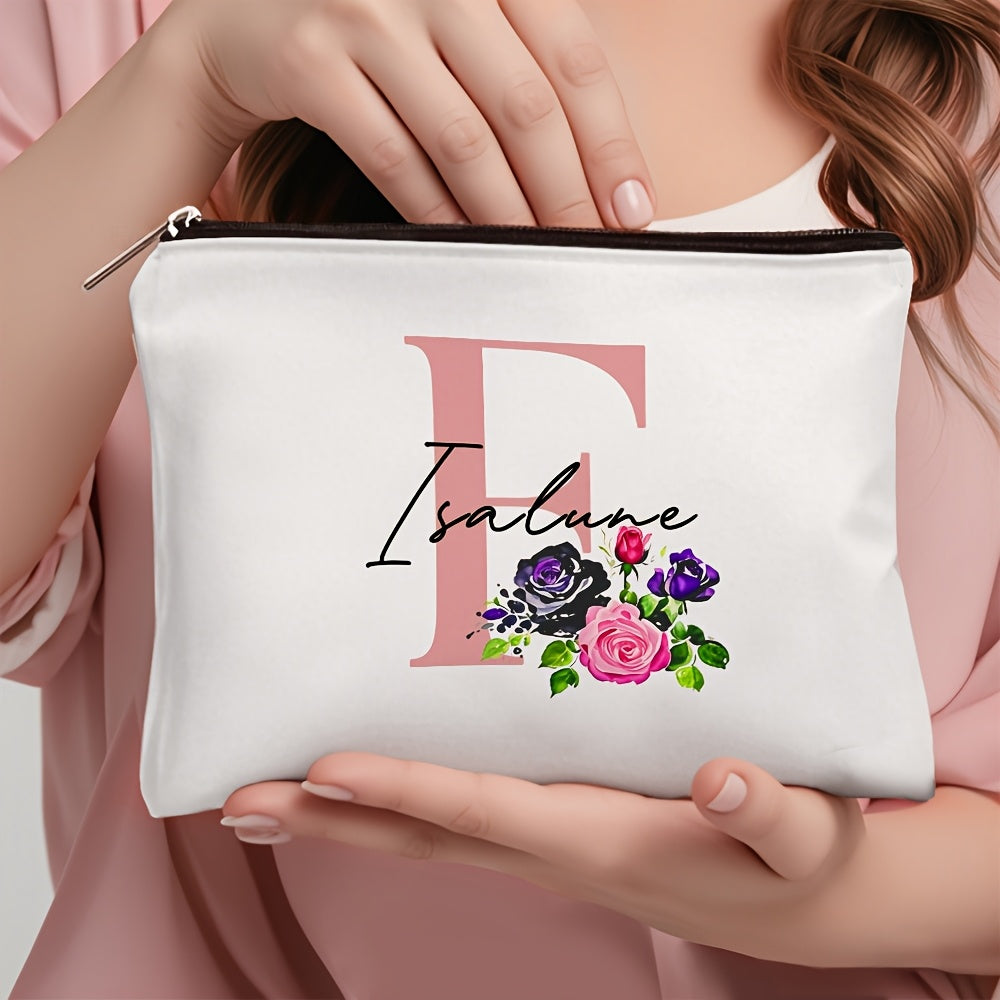 1 personalized cosmetic bag with custom name, versatile for toiletries, makeup, travel essentials, school supplies, and teacher or bachelor party gifts.