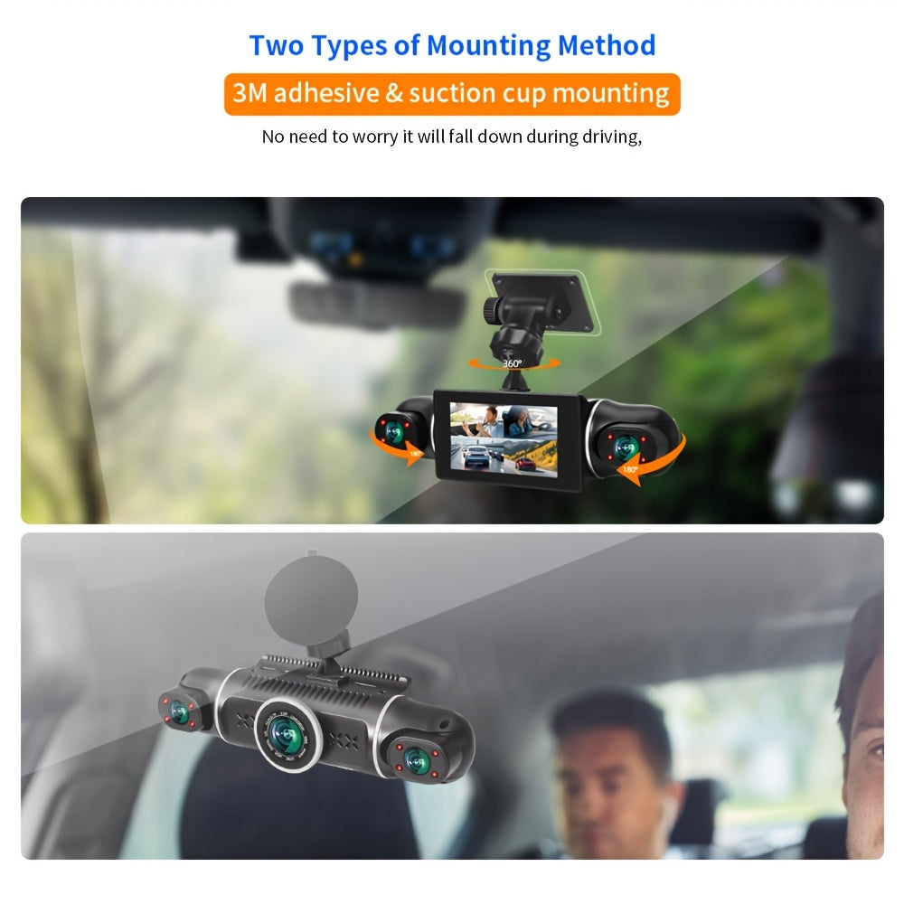 Four-channel front, rear, left, and right dash camera with 360° rotatable and built-in WiFi, loop recording, night vision, G-sensor, and WDR.