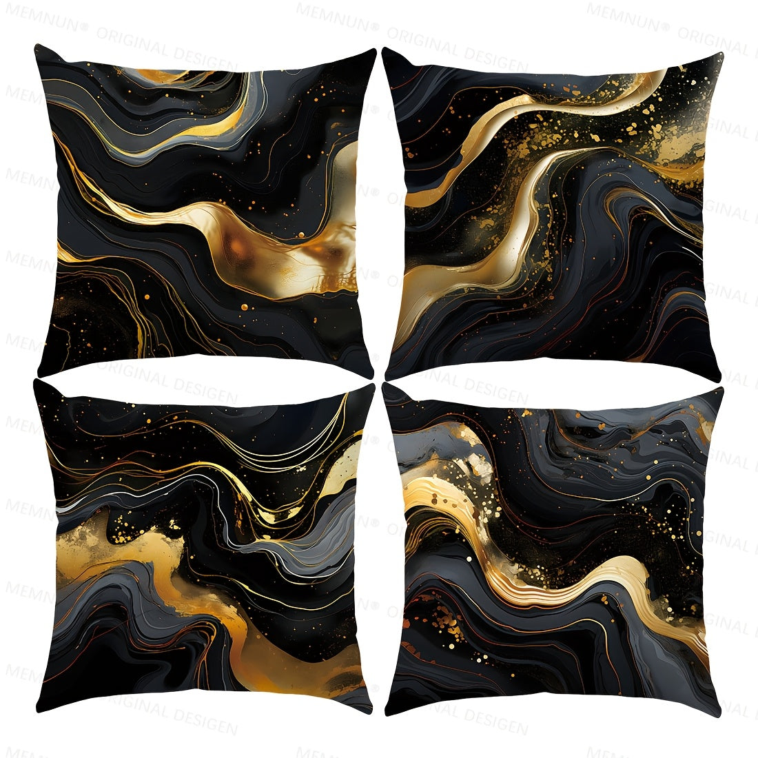 Set of 4 Black and Gold Fluid Painting Pillow Covers, Contemporary Style, 100% Polyester, Home Decoration, 17.71''x17.71''/45cm*45cm