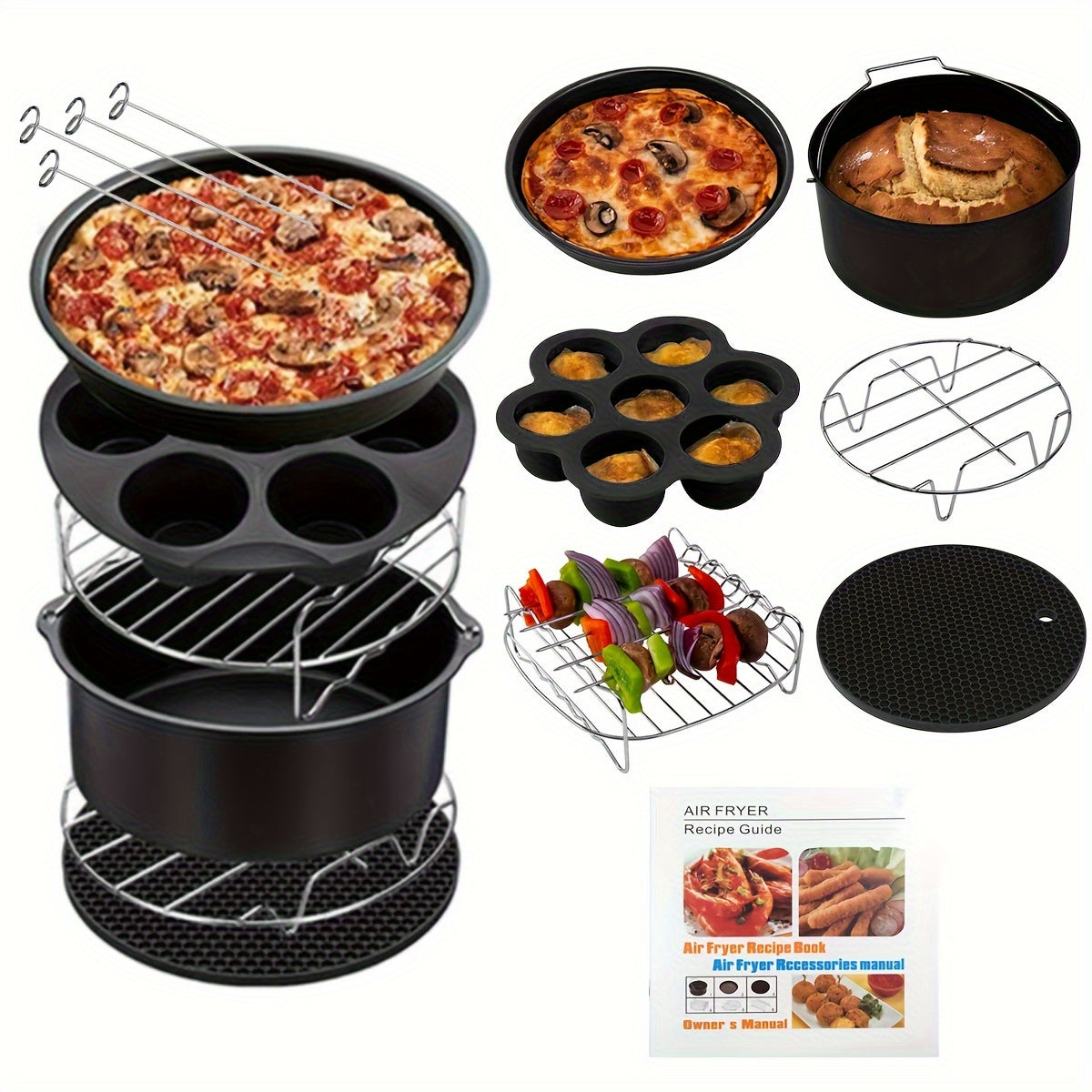 11-piece set of air fryer accessories, sized at 22.86 cm and compatible with most 5.3QT - 6.8QT deep air fryers. Made from BPA-free, dishwasher-safe, nonstick materials. Includes a recipes cookbook.