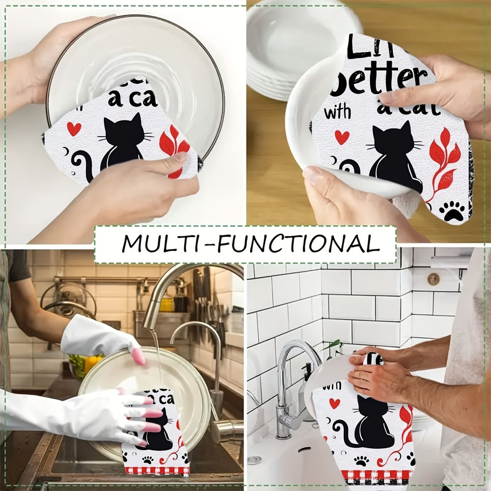 Get 2pcs of Ultra Soft Kitchen Towels featuring "Life is Better with a Cat" Text & Adorable Kitten Illustration - These Highly Absorbent Dish Hand Towels are Machine Washable and designed in a Contemporary Style, measuring 40.64x60.96 cm. Perfect for Cat