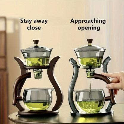 Lazy Kung Fu Glass Tea Set with infuser, magnetic switch, and teacup. Perfect for catering.