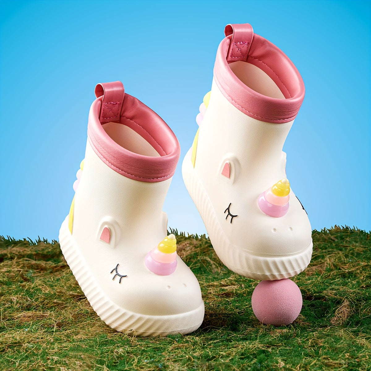 Waterproof Unicorn Cartoon Rain Boots for girls in Pink & White, ideal for outdoor play and school in fall/winter. Made from comfortable EVA material with non-slip soles.