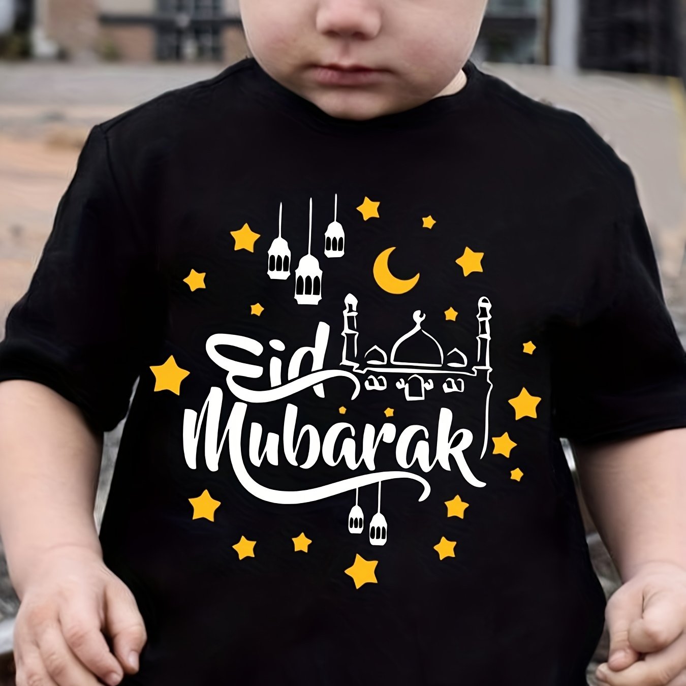 Milkyship Boys' Black Eid Mubarak T-Shirt with Mosque & Stars Print Design, Round Neck, Short Sleeve - Perfect Summer Wear for Festive Islamic Celebrations, Ideal Gift for Eld and Ramadan