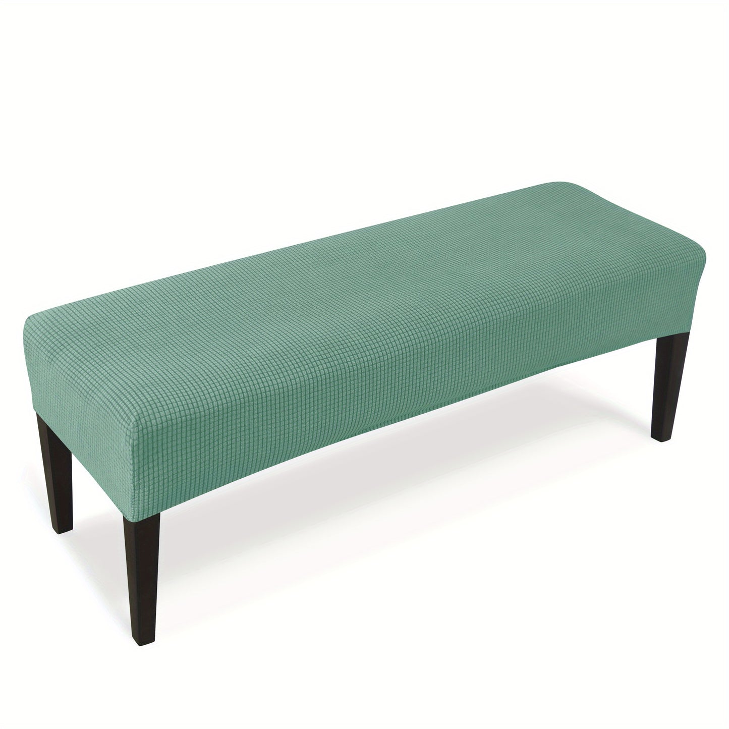 Stretchable teal corn velvet bench cover with elastic band for easy one-minute installation. Modern style and machine washable for home decor.