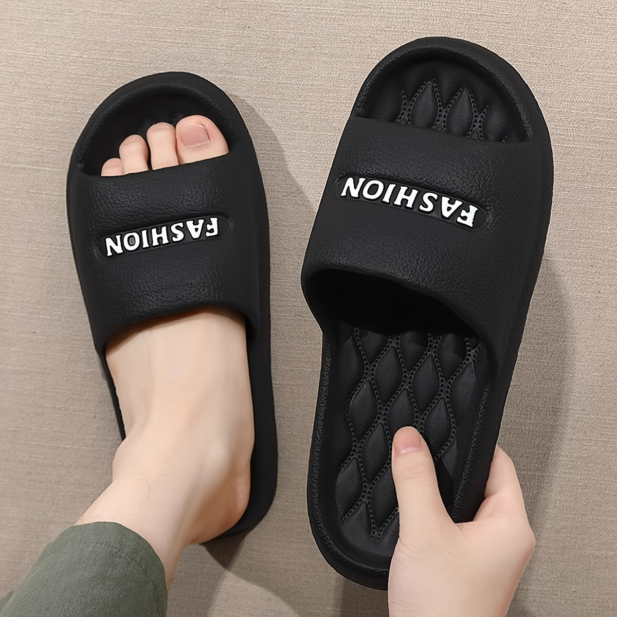 Stylish black EVA slides with thick, non-slip, odor-resistant sole for indoor/outdoor wear.