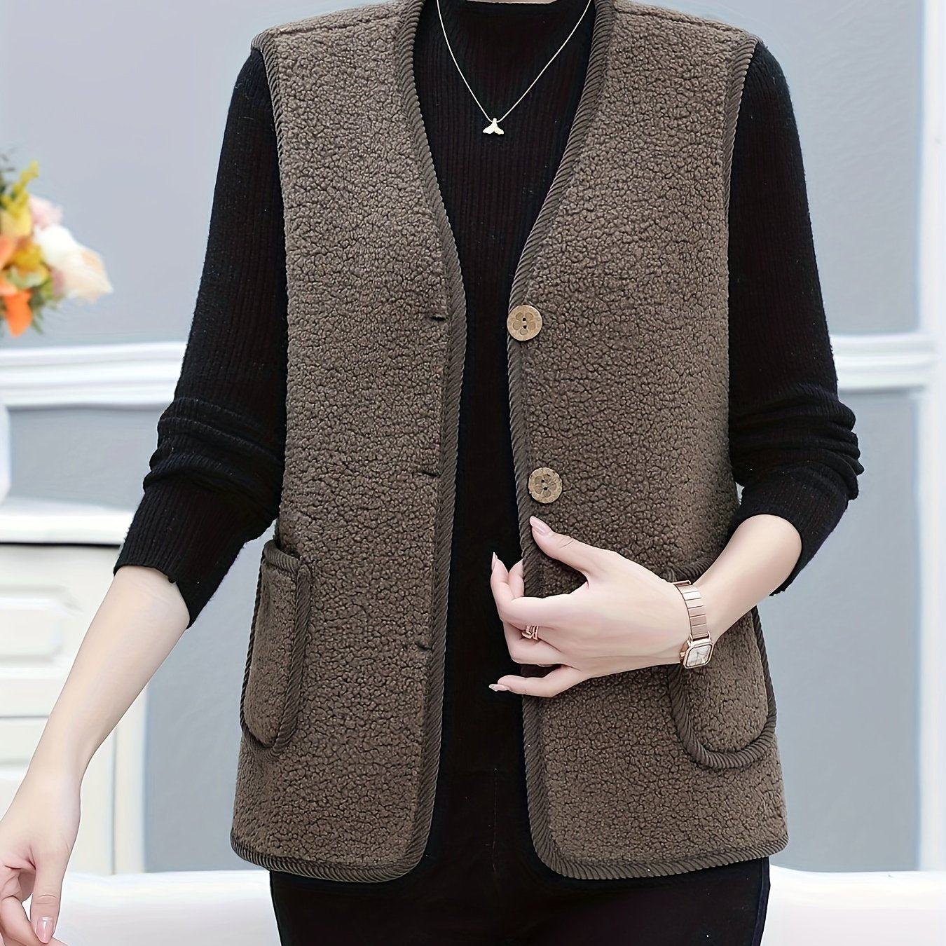 Warm and stylish fleece-lined vest with pockets for women.