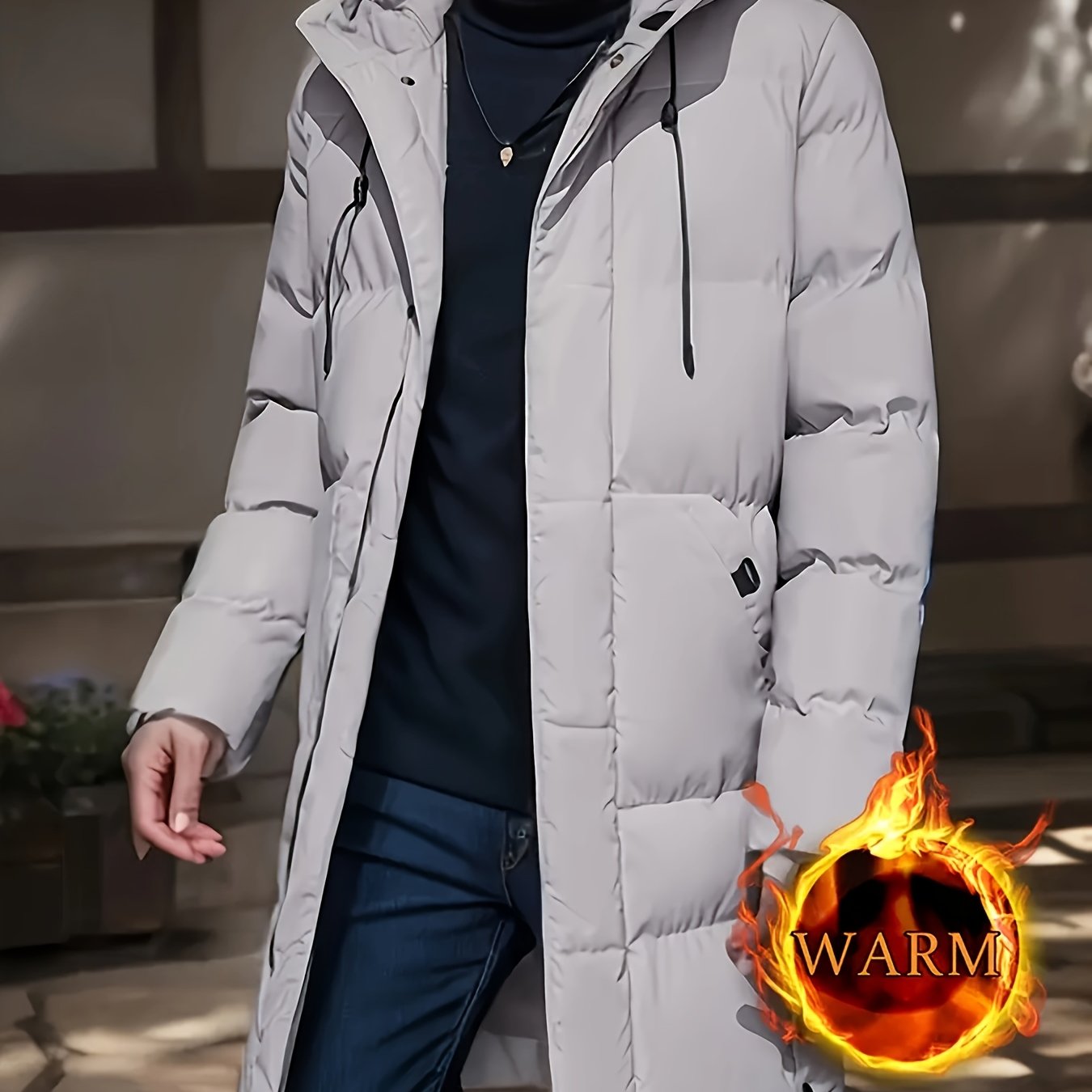 Men's casual hooded jacket made of 100% polyester with a solid color, regular fit, non-stretch fabric, zipper detail, and warm winter coat features.