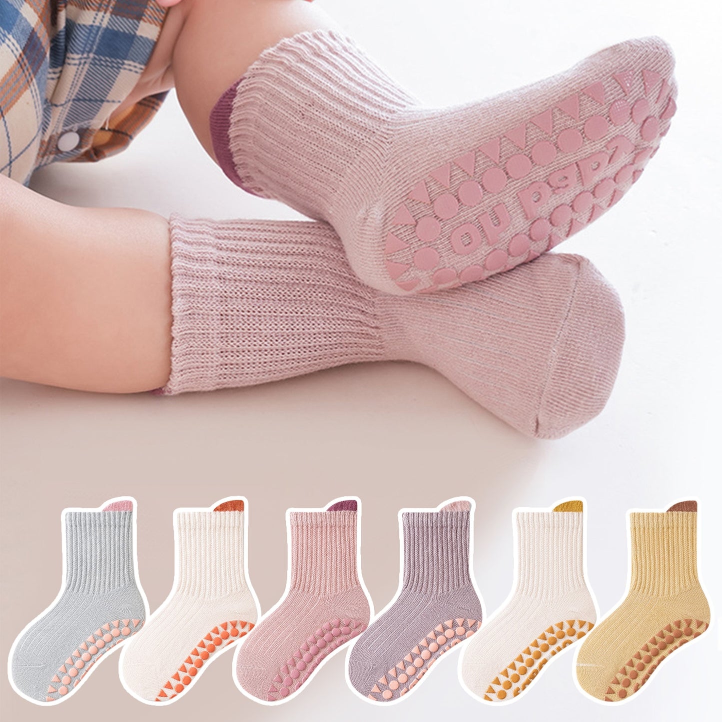 6 pairs of cartoon floor socks for children, with soft bottoms and anti-slip feature. Ideal for daily use by boys and girls.