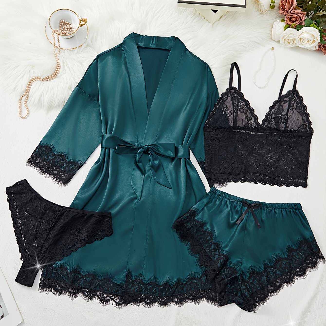 5-piece satin pajama set for women includes solid color nightgown with belt, floral lace top, thong, and medium support. Made of 95% polyester and 5% elastane. Features a mid-rise design.