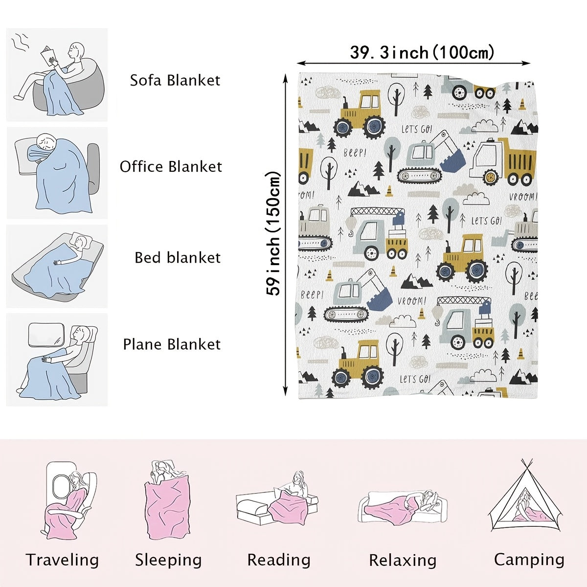 Contemporary Cartoon Construction Vehicles Flannel Blanket - Soft, Cozy, Lightweight Polyester Fleece for Bed, Couch, or Travel - All-Season Multipurpose Knitted Throw with Vivid Digital Print - 200-250gsm.