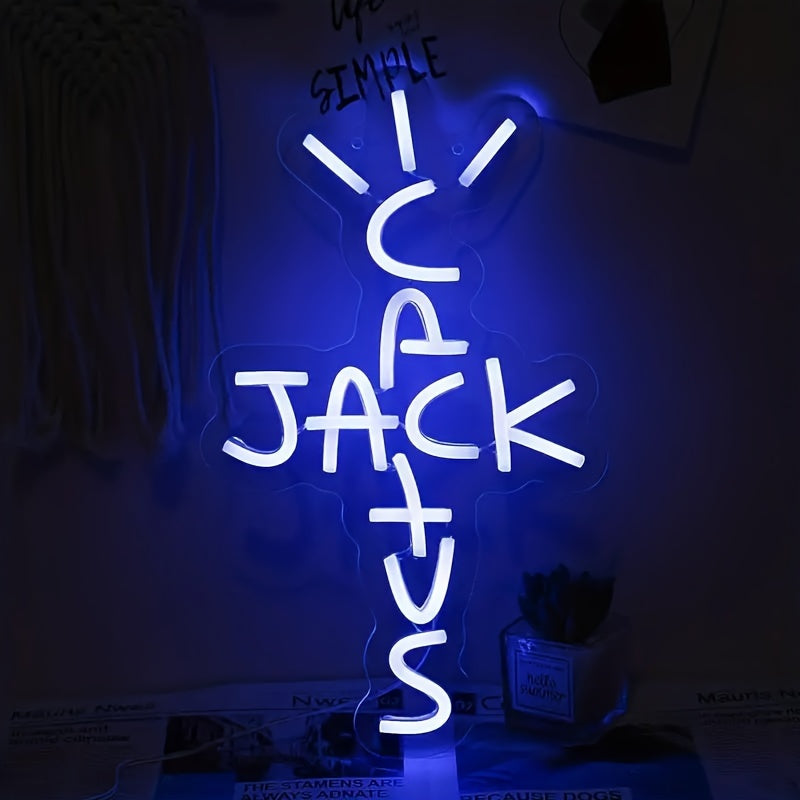 Cactus Jack Red Neon Sign is a USB-powered wall hanging light with a push button control. It is a versatile decor piece for bedrooms, home bars, pubs, parties, and is inspired by West Coast rap culture.