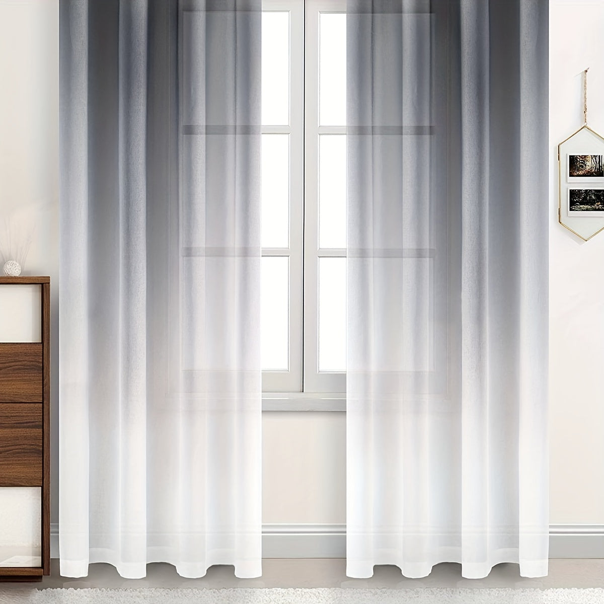 One Simple Gradient Sheer Curtain and One Printed Curtain Set for Rod Pocket Window Treatment in Bedrooms, Offices, Kitchens, Living Rooms, Studies, and Home Decor