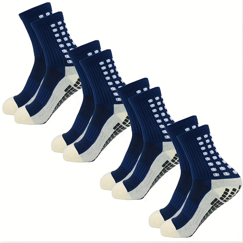 4 pairs of men's football socks made of knit polyester with terry bottom. Features include anti-smell, anti-slip, and wear-resistant properties. Machine washable and composed of 20% Spandex