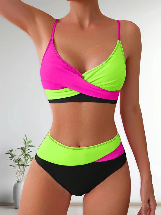 Patchwork two-piece swimsuit with crossed colors and high-waisted design.