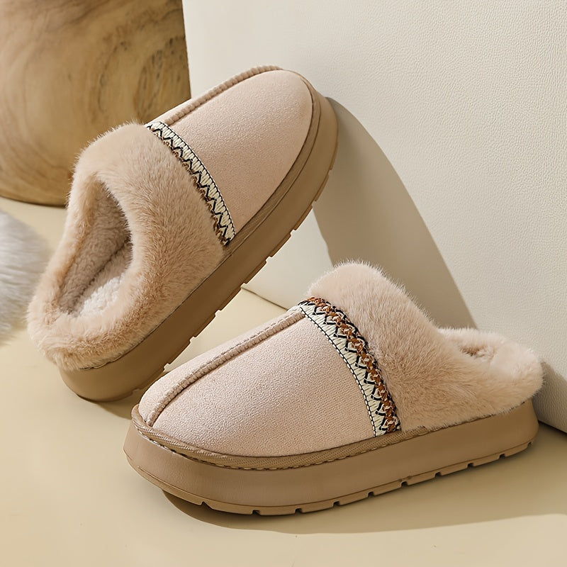 Women's cozy slippers with plush lining, non-slip EVA sole, soft fabric, casual style, hand wash only, solid color, all-season wear, no print.