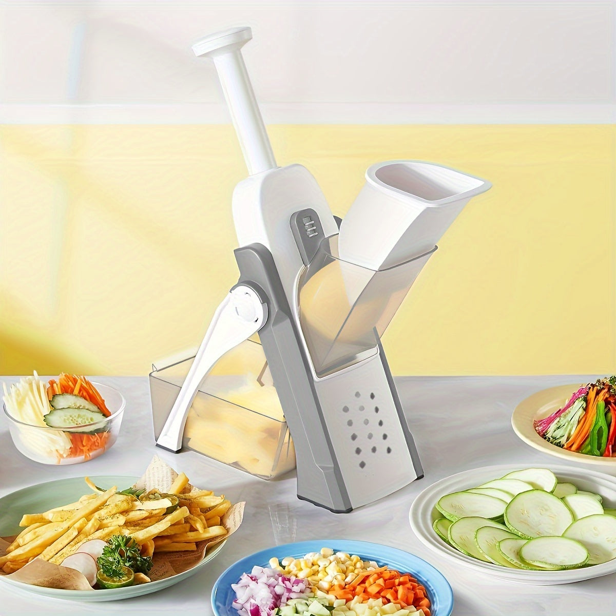 Adjustable Home Vegetable Chopper - This multifunctional kitchen slicer dicer features a stainless steel curved blade for precise cutting. With a manual operation and plastic material construction, it has a capacity of less than 1L and does not require a