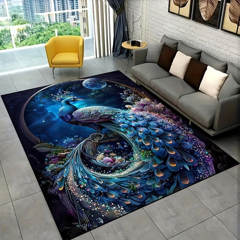 1 piece Vibrant Peacock Pattern Area Rug - Non-Slip, Machine Washable Polyester Rug with Luxurious Crystal Velvet Texture - Ideal for Gaming Rooms, Dorms, Teenage Bedrooms & Halloween Decor, Peacock Theme