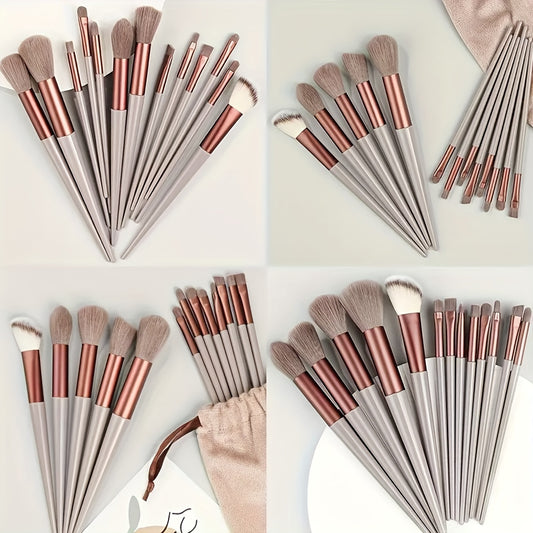 Travel-friendly makeup brush set with 13 pieces featuring nylon bristles and ABS handles, suitable for foundation, eyebrows, concealer, and eyeshadow for all skin types.