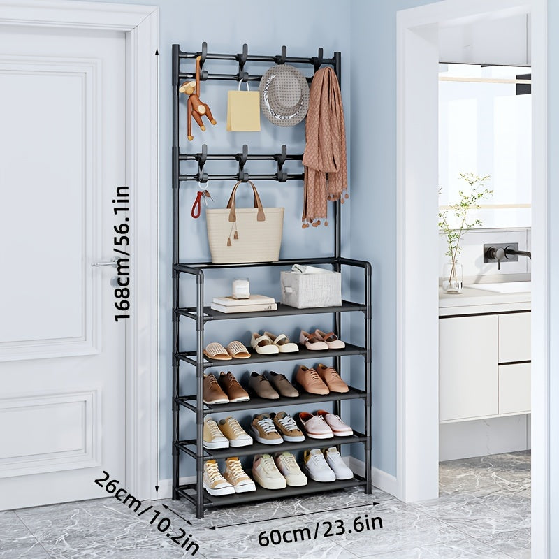 A versatile 1-piece Shoe Rack and Coat Rack that is easy to assemble and perfect for organizing your shoes, hats, and bags. Ideal for use in your home, dormitory, living room, entrance hall, or bathroom. Features 5 layers and measures 60cm in length