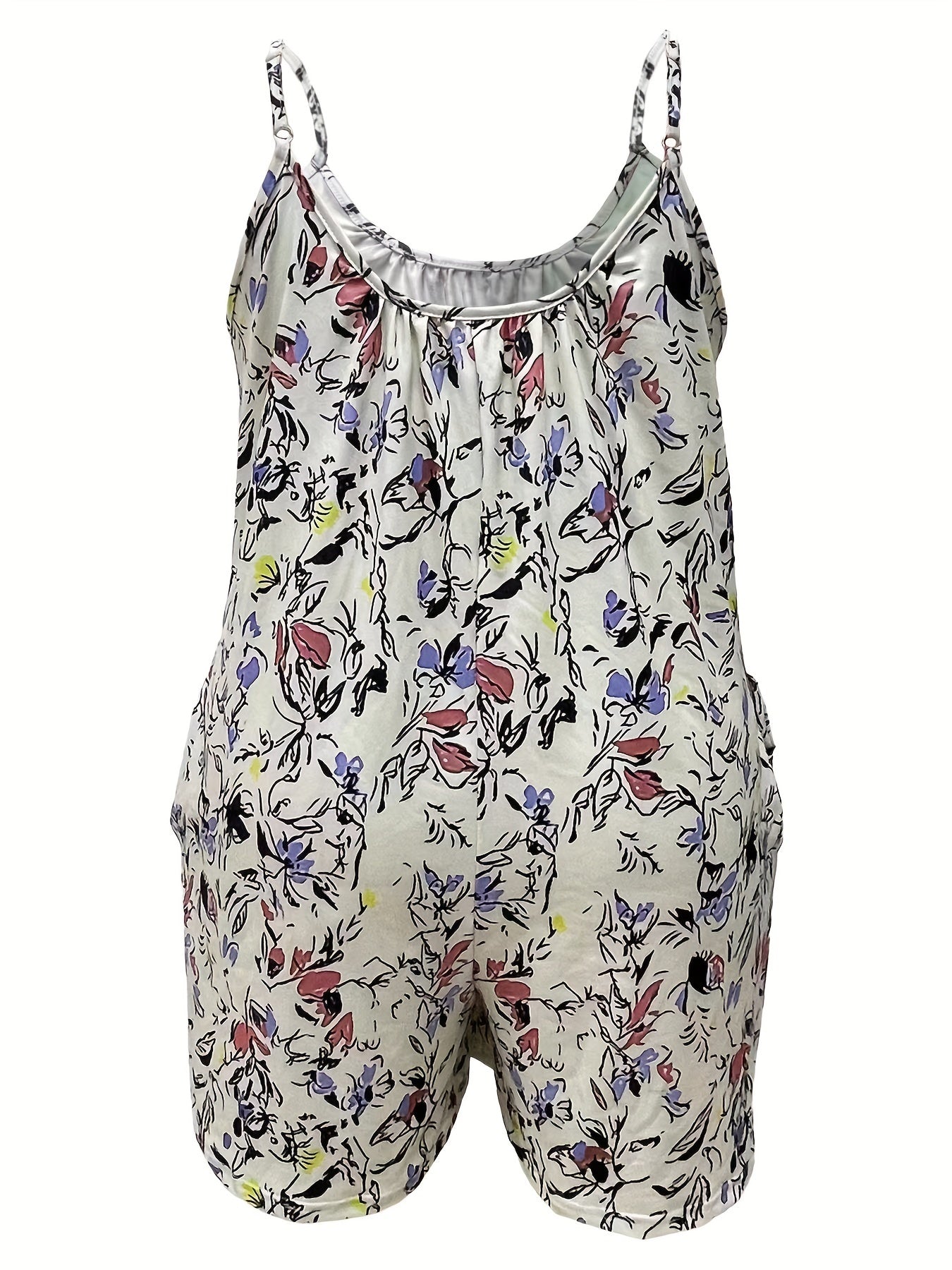 Lightweight polyester blend jumpsuit with floral print, pockets, sleeveless design, and machine washable.