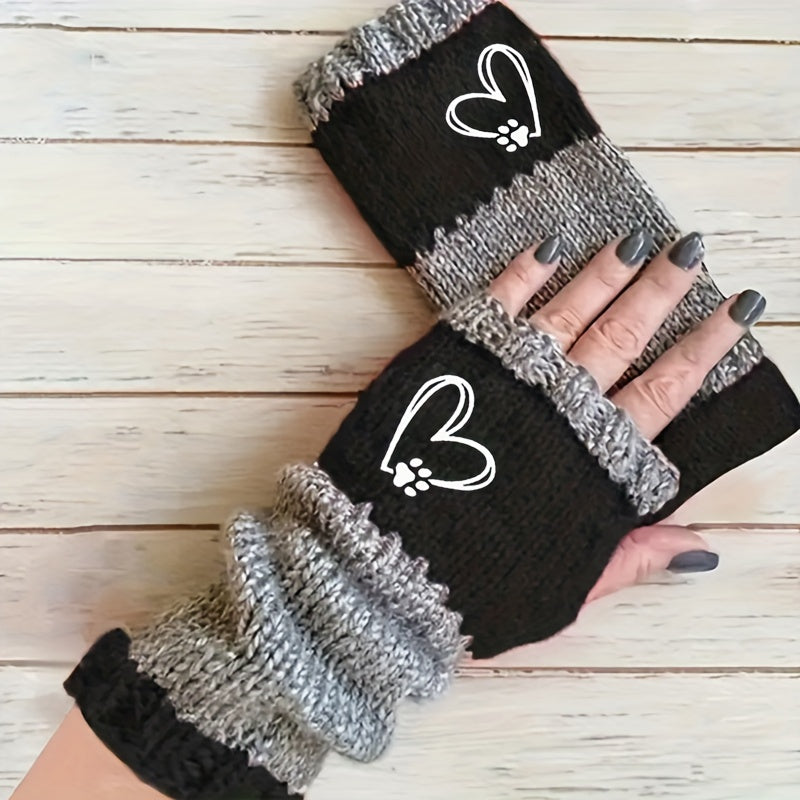 Embroidered Color-Block Mittens with Cozy Heart & Paw Design - Stylish and Warm Knit Gloves for Women, Ideal for Autumn and Winter Seasons.