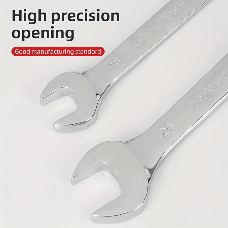 Dual-head ratchet wrench with 72 teeth for easy auto repairs and DIY projects; made of chrome vanadium steel with plum opening and live head.