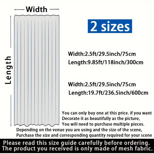 To'ylar va ochiq tadbirlar uchun nafis oq chiffon tulle pardasi, 19.7' uzunlikda x 236.5' kenglikda. Shaffof polyester mato, romantik bezatish uchun mukammal.