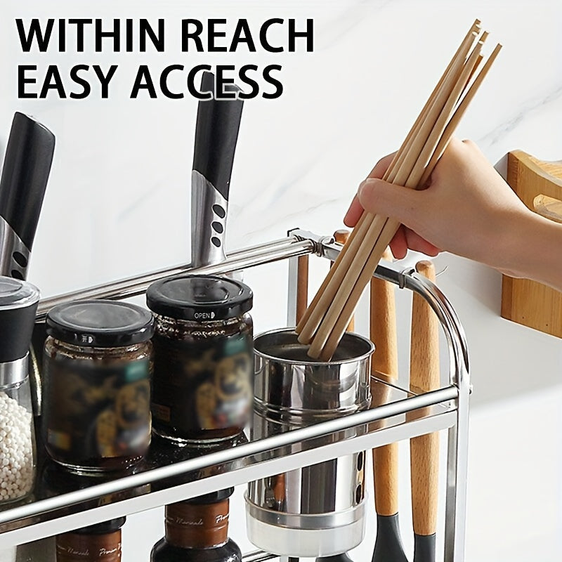 Get organized with this versatile kitchen storage rack! This multi-layer floor-to-ceiling rack is perfect for storing knives, supplies, and seasonings in various styles. Made of stainless steel, it also features a wall-mounted design with six hooks for