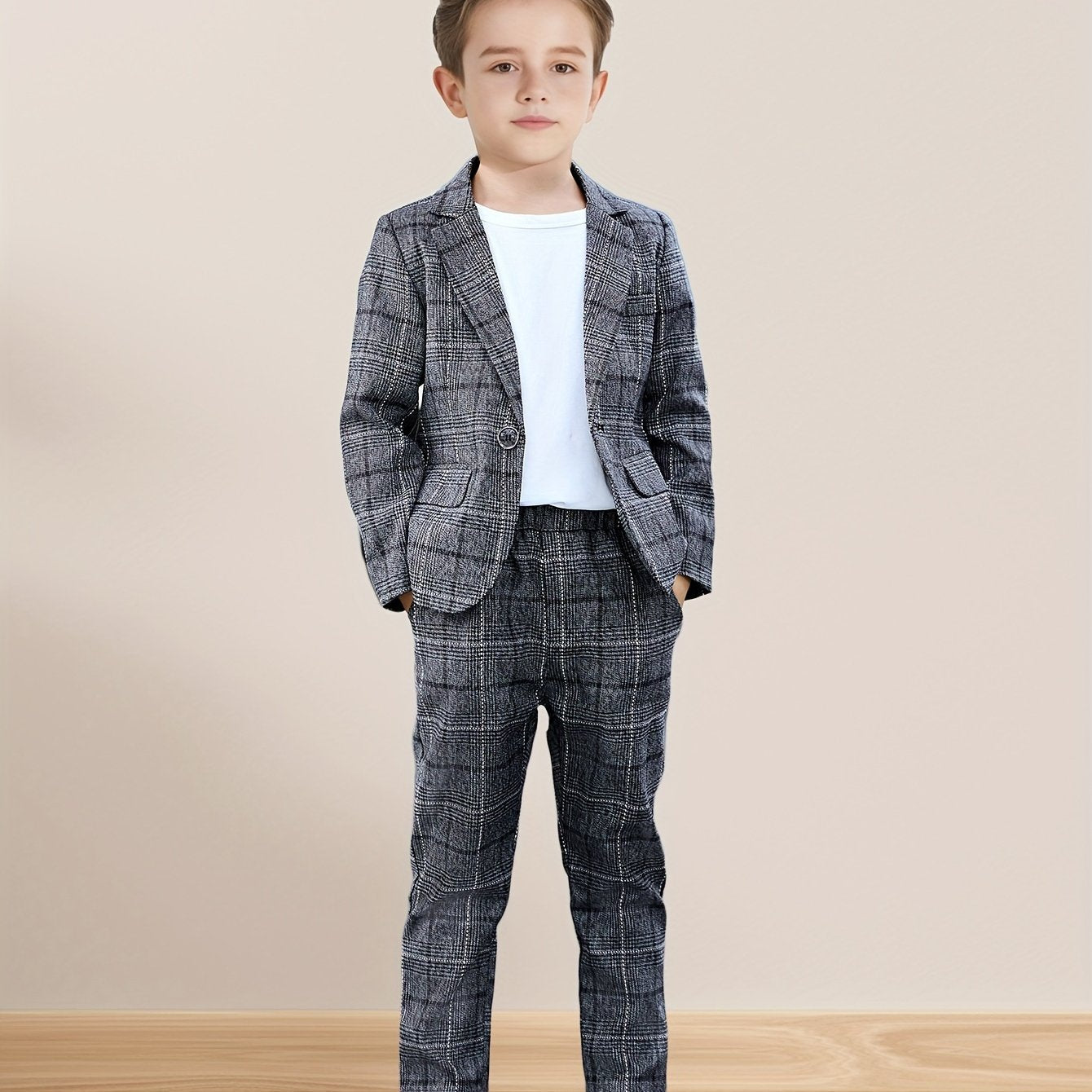 Boys Plaid Suit Set for Spring/Fall occasions, Korean Style, Polyester Blend, Over 3 Years Old.