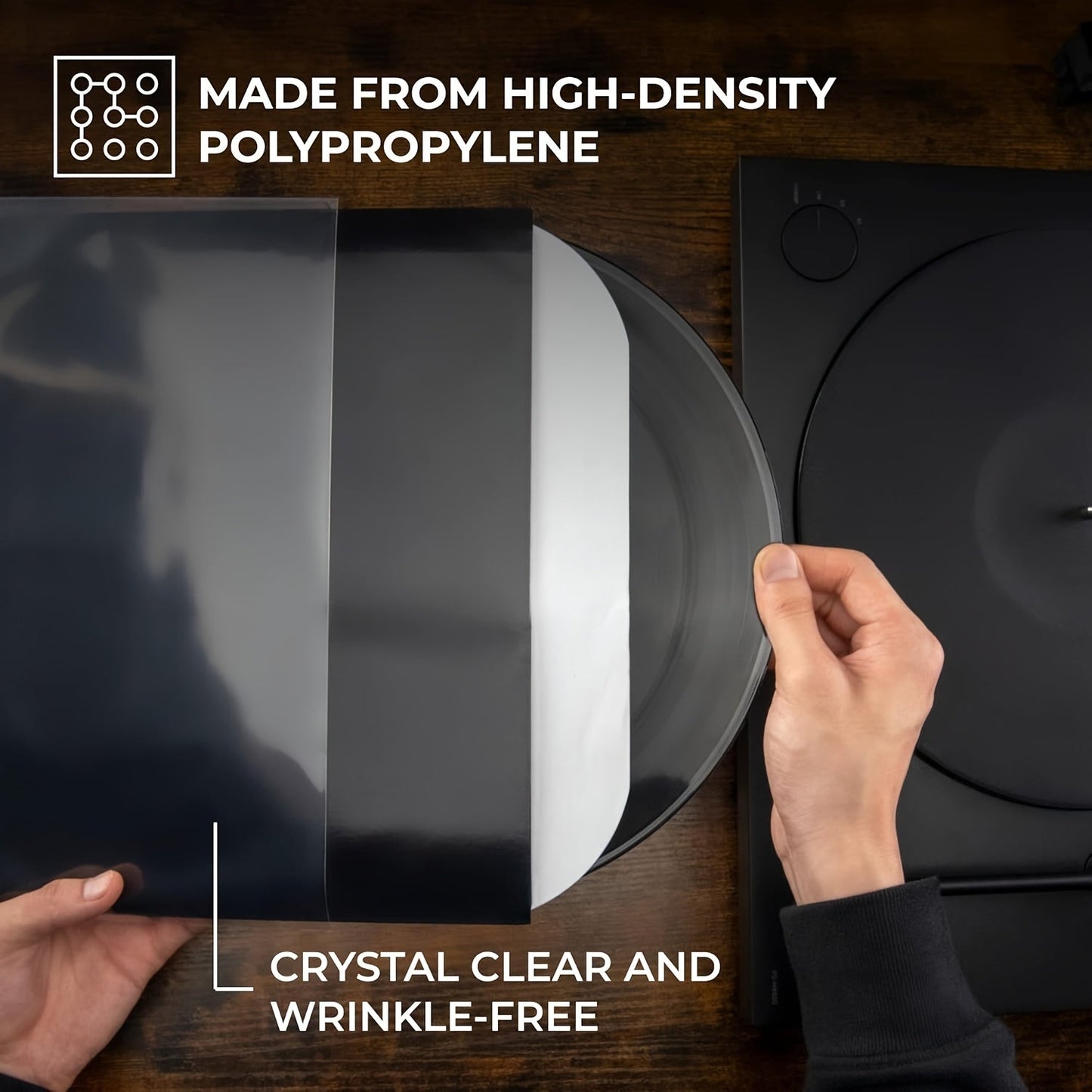 We have vinyl record jackets available in packs of 100, 50 or 25. These 12-inch LP jackets are durable, wrinkle-free, and crystal clear. They are made of high-density polypropylene and are 3mm thick. Each jacket measures 12.75 inches by 12.75 inches