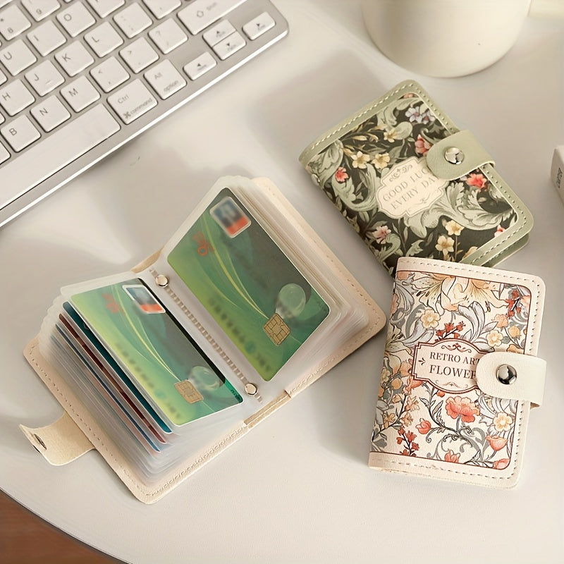 Compact floral credit card holder with delicate design, multiple card slots, and large capacity for driver's license, business cards, and documents.