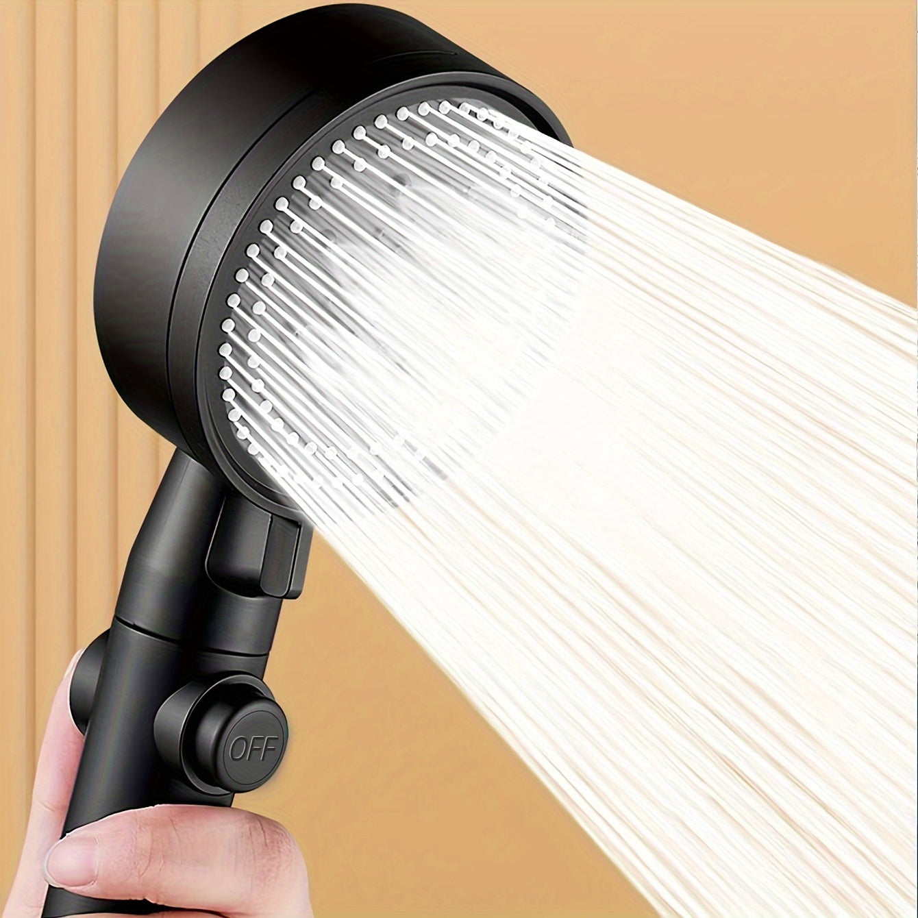 Shower head with 5 functions and on/off button, includes high pressure feature and 1.5m hose.