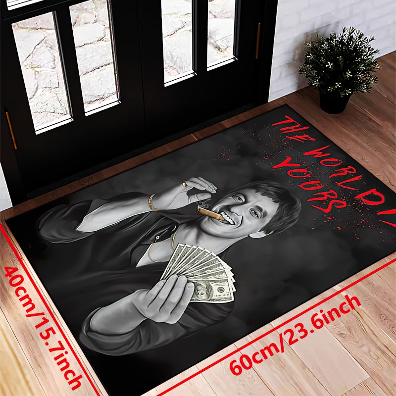 Machine washable polyester area rug featuring a dark gray 'The World is Yours' motif. This non-slip rectangular floor mat is perfect for indoor use in rooms such as the hallway, living room, bedroom, entryway, patio, or garden. Available in multiple