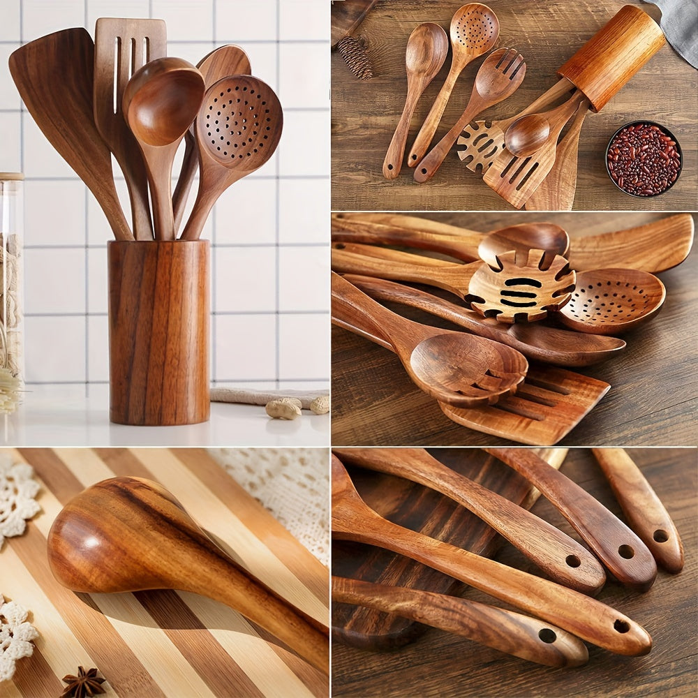 Set of 7 cooking utensils made of premium wood, including a shovel and spoon, designed for heat resistance and use with non-stick pans. Also includes a salad spoon and fork, perfect kitchen accessories for cooking.