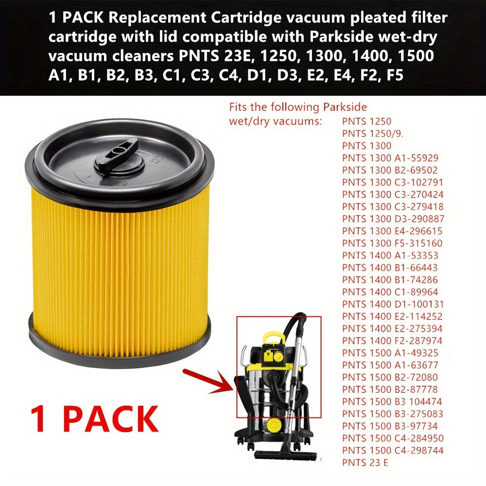 Заменяемый картриджный вакуумный фильтр с крышкой, совместимый с пылесосами Parkside Wet-Dry PNTS 23E, 1250, 1300, 1400, 1500 A1, B1, B2, B3, C1, C3, C4, D1, D3, E2, E4, F2, F5. Включает 1 упаковку фильтров-картриджей. Аксессуары для пылесосов.