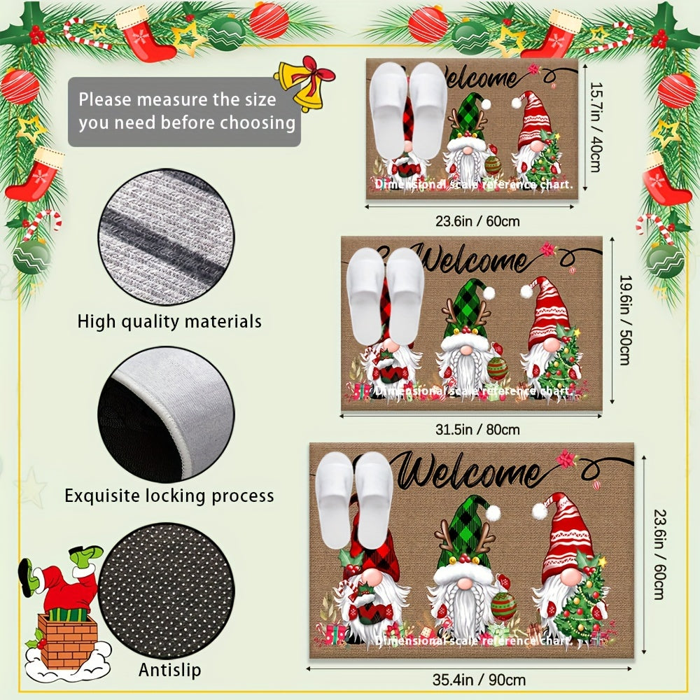 Celebrate the Holidays with This Festive Christmas Gnome Welcome Doormat! Made from Durable 100% Polyester, this 6mm Thick Mat Features Three Adorable Gnomes with Seasonal Charms. The Non-Slip Rubber Backing Keeps it Securely in Place, and it's Machine