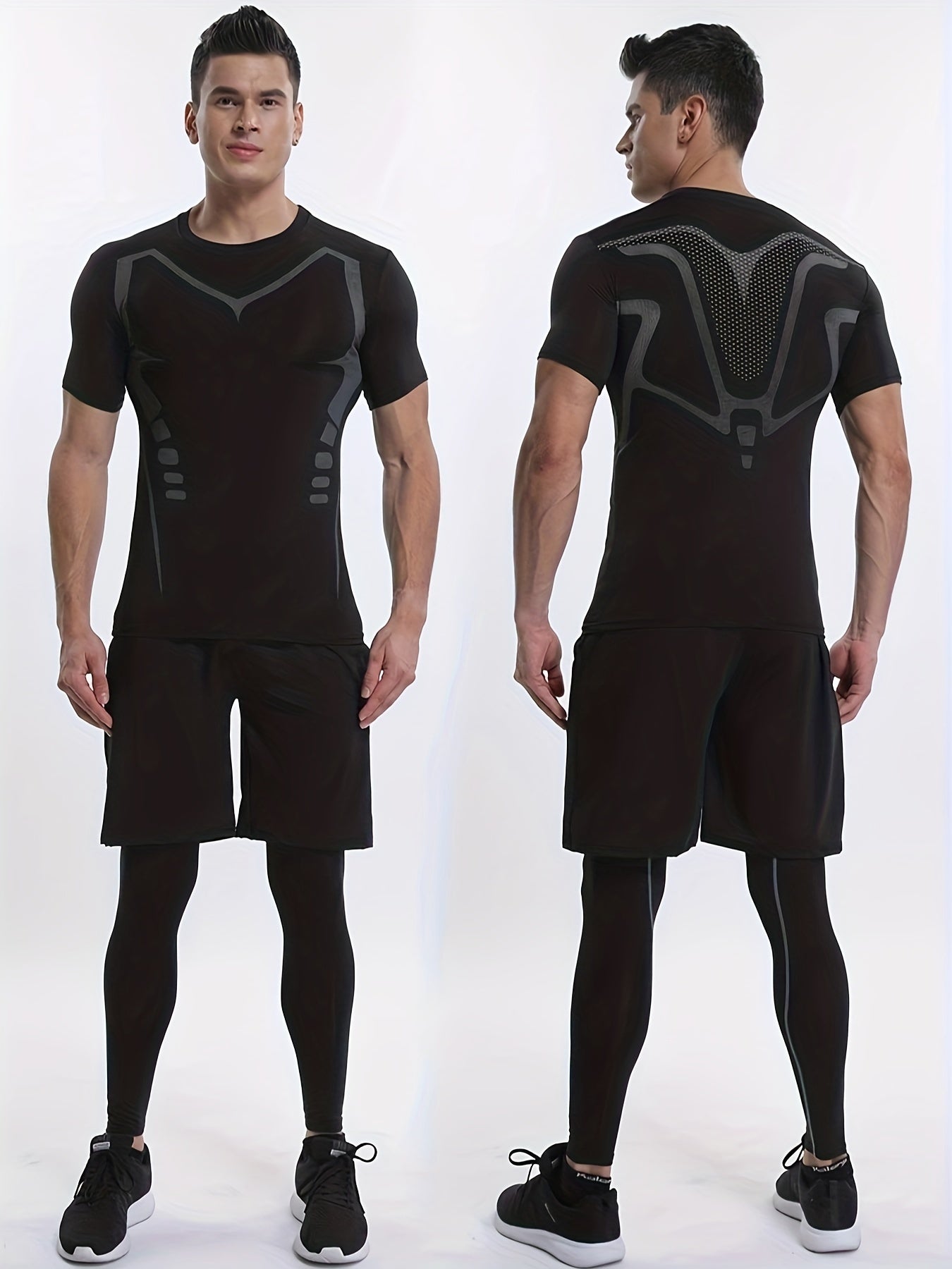 Men's 3-piece base layer set includes compression tops, bottoms, and shorts for fitness workouts and body shaping.