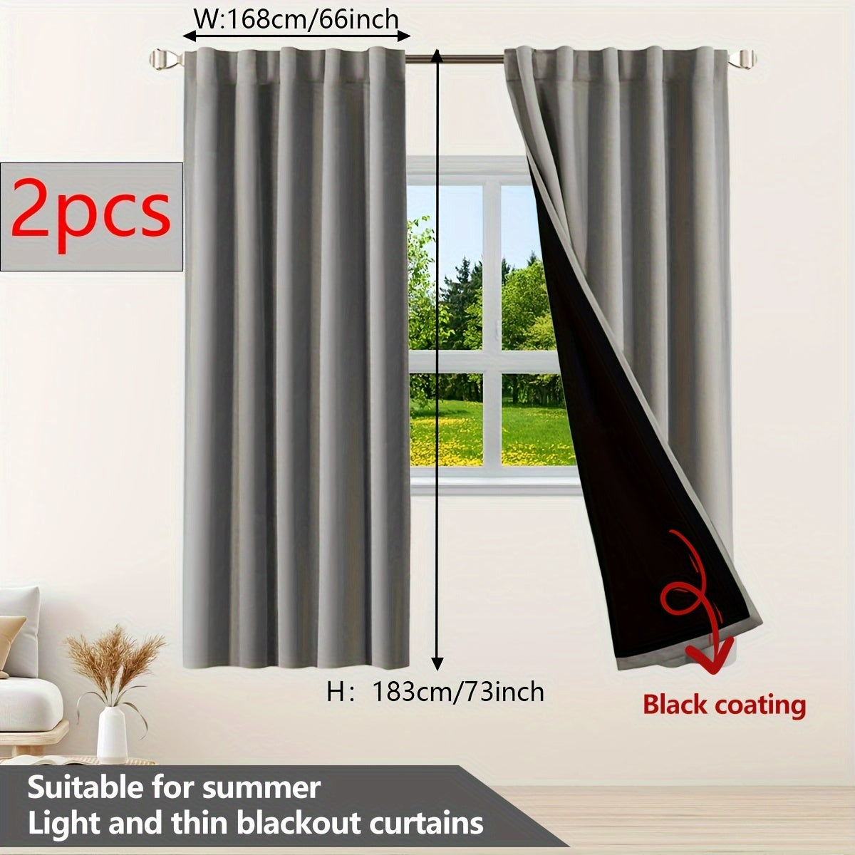 Two pieces of contemporary blackout curtains made from thermal insulated twill weave polyester. They are designed to reduce noise and block out light, making them perfect for the living room, bedroom, or study. These curtains feature a hook and ring rod