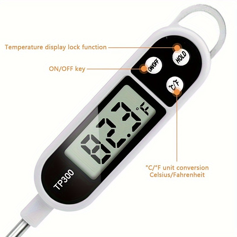 Stainless steel digital food thermometer TP300 with probe, ideal for BBQ, cooking, and baking. Dual display in Celsius & Fahrenheit, battery-operated kitchen tool.