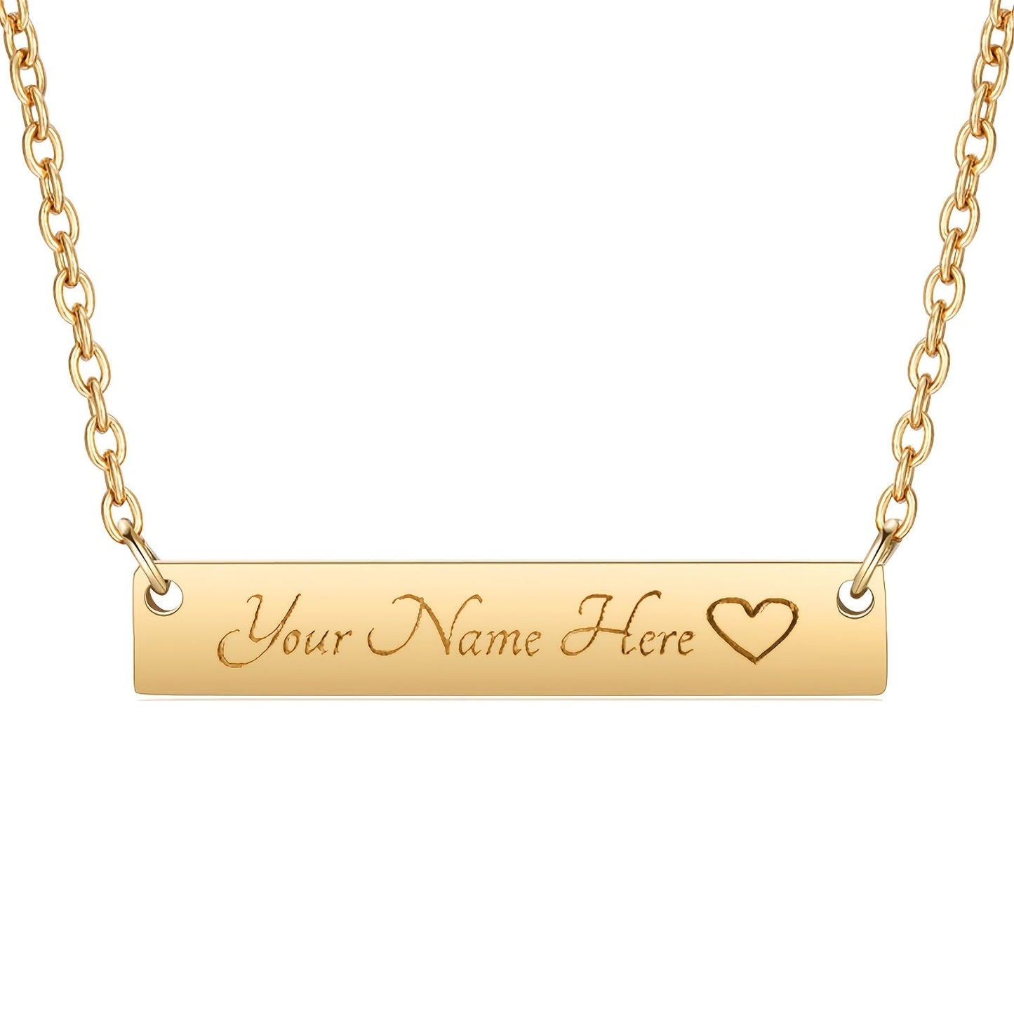 Add a personal touch to your style with our Name Bar Pendant Necklace in 925 Sterling Silver. This elegant piece is accented with a heart detail and finished with a 18K golden plating, perfect for daily wear or as a thoughtful gift.