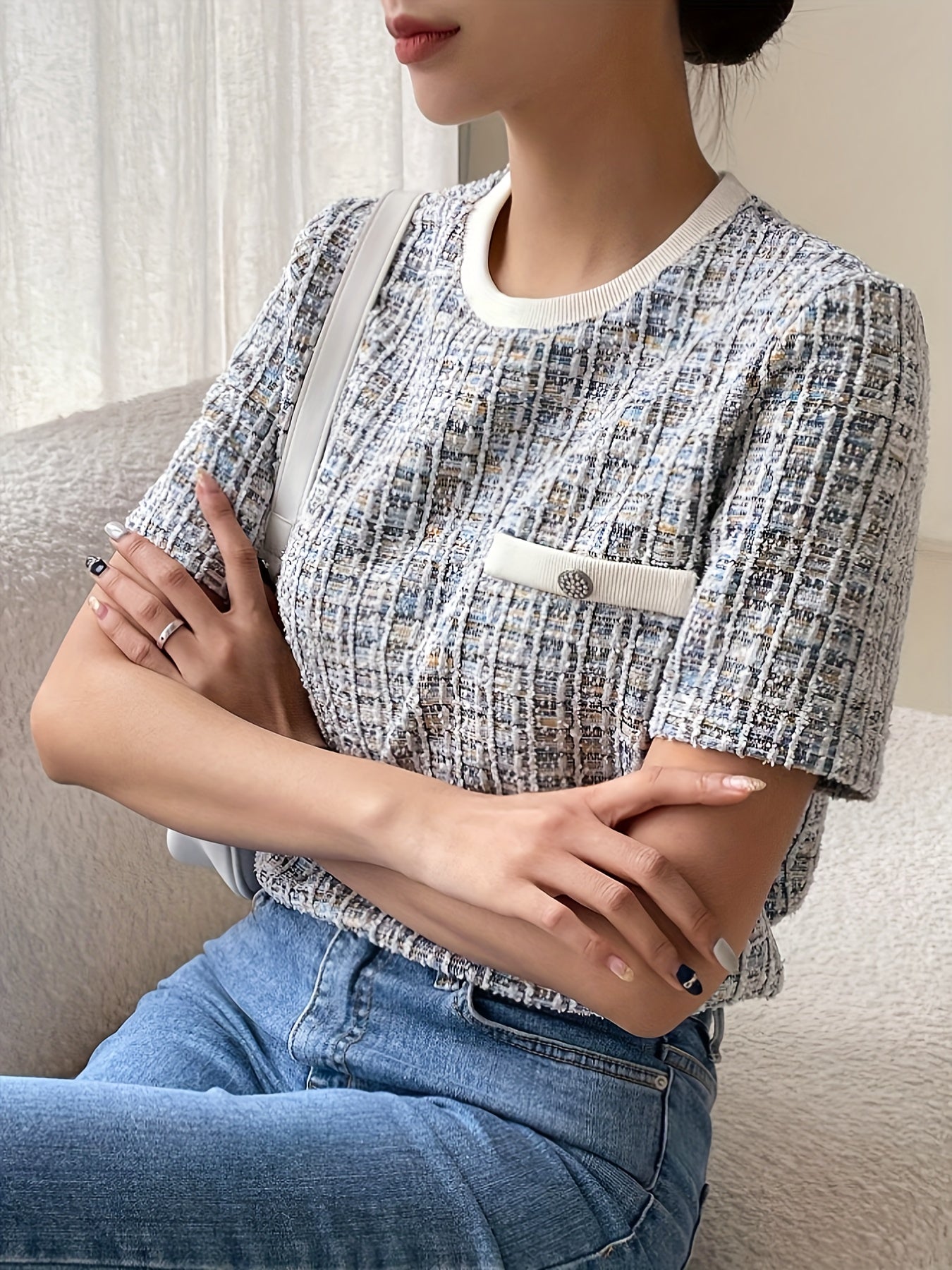 1 chic textured tweed women's t-shirt with pocket detail, button accent, polyester knit fabric, round neck, short sleeve, regular length for spring/summer/autumn.