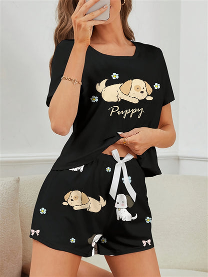 Women's Puppy Print Pajama Set. Cute cartoon design with short sleeve top and shorts for a comfortable fit.