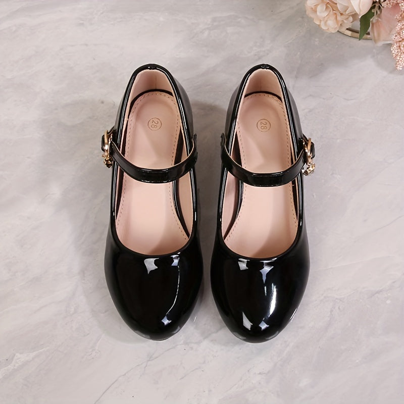 Girls' Princess High Heel Ballet Shoes in British campus style, ideal for weddings and formal events. Available in black, white, pink, and golden colors with a durable TPR sole.