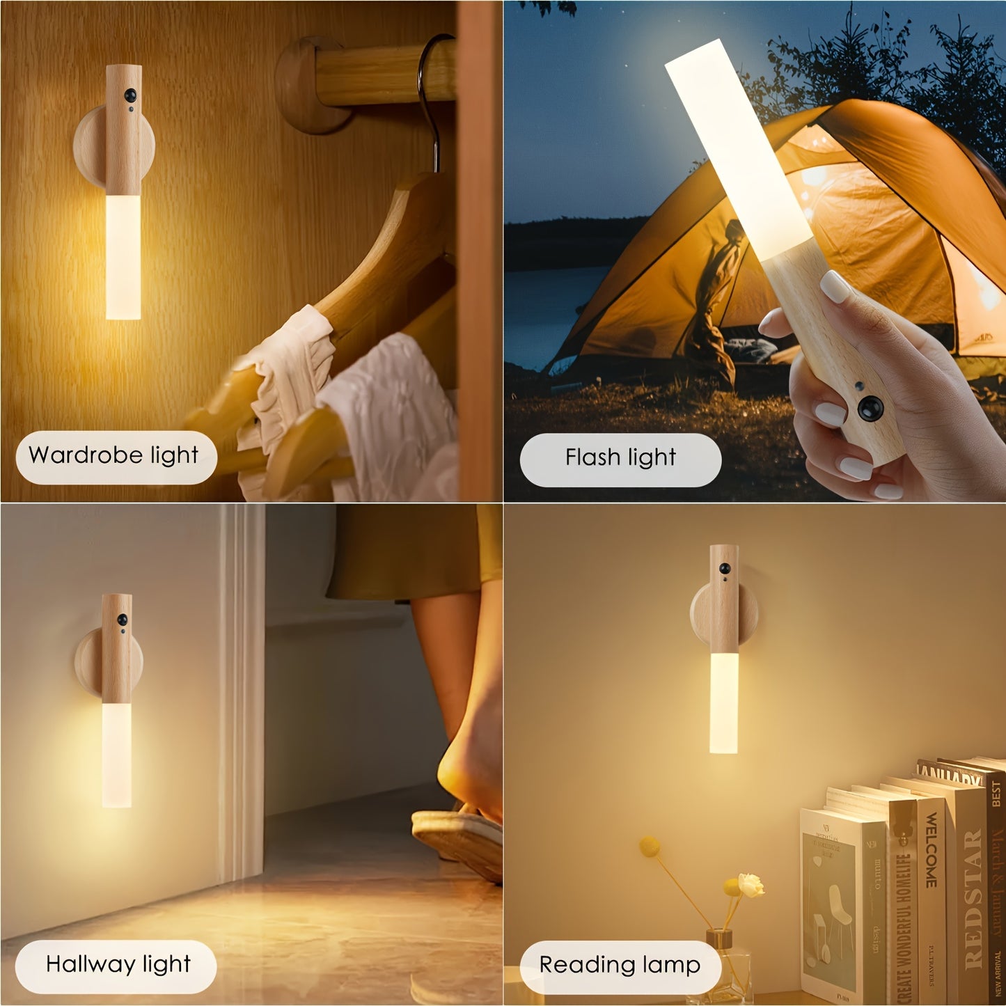 2 modern beech wood LED wall sconces with motion sensor - rechargeable, magnetic night lights for bedroom and hallway decor