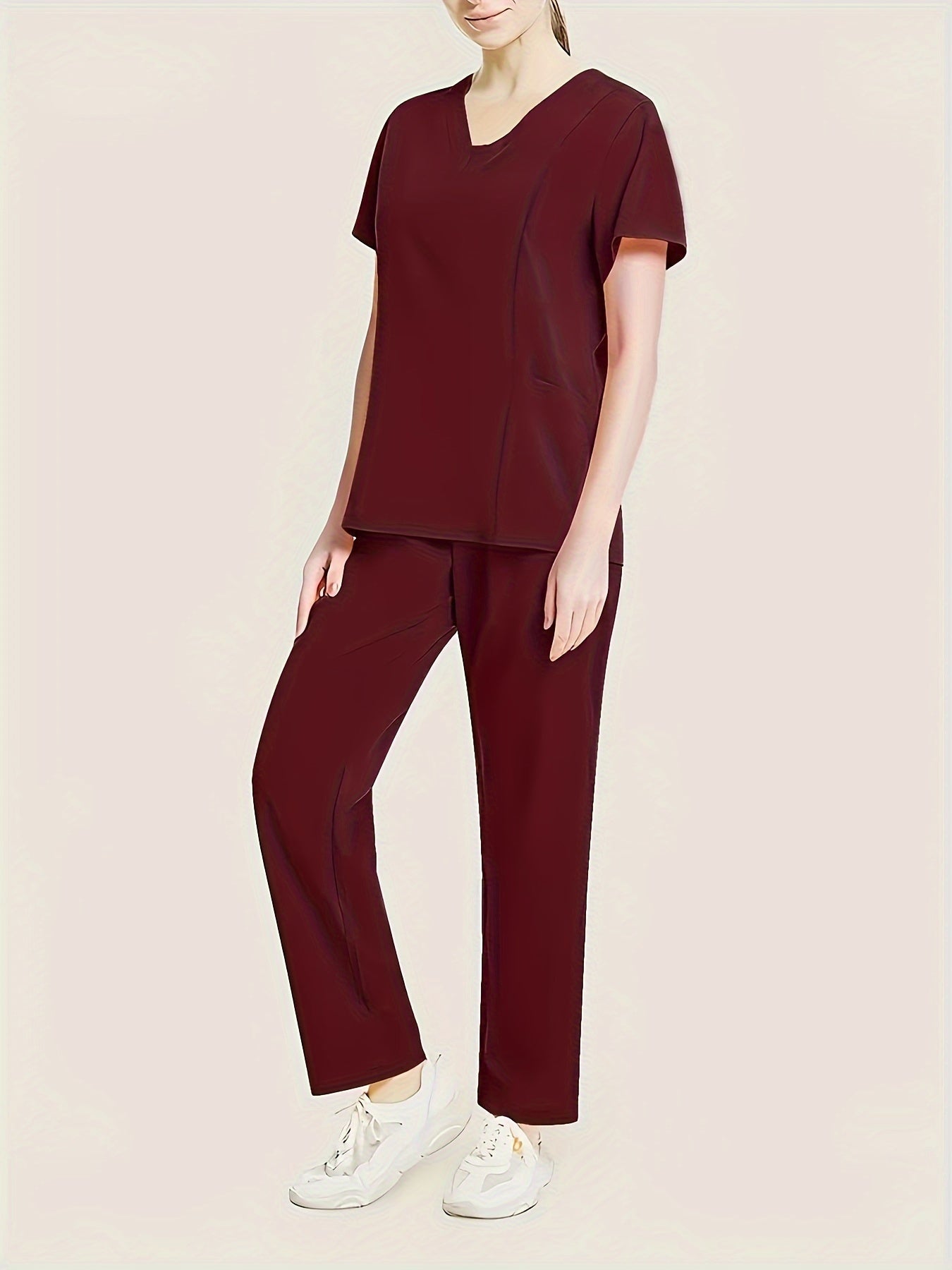 Women's V-Neck Scrub Set in Red, Polyester Blend, Short Sleeve, Machine Washable, with Pockets.